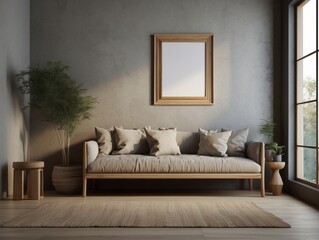 Mock up frame in home interior background, nomadic living room with bench and decor