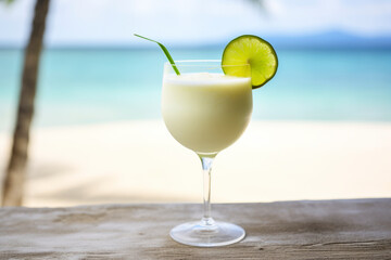 Daiquiri on the beach, a chilled daiquiri served in a frosty glass against the backdrop of sandy shores and ocean waves, capturing the essence of tropical relaxation.