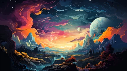 Gordijnen Planet Earth Front Milky Way Galaxy, Background Banner HD, Illustrations , Cartoon style © Alex Cuong