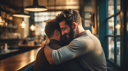 Two young happy handsome men hug each other and smile - obrazy, fototapety, plakaty