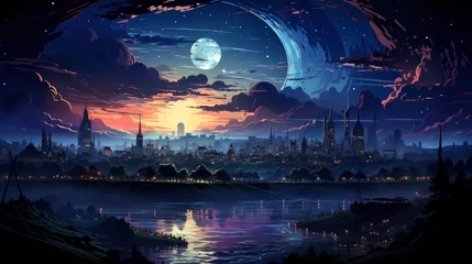 Foto op Plexiglas Planet Earth Night City Lights Blue, Background Banner HD, Illustrations , Cartoon style © Alex Cuong