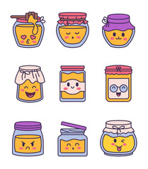 Cute kawaii honey jar. Glass pot character. Hand drawn style. Vector drawing. Collection of design elements.