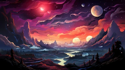 Foto op Plexiglas Planet Earth Night Deep Black Space, Background Banner HD, Illustrations , Cartoon style © Alex Cuong