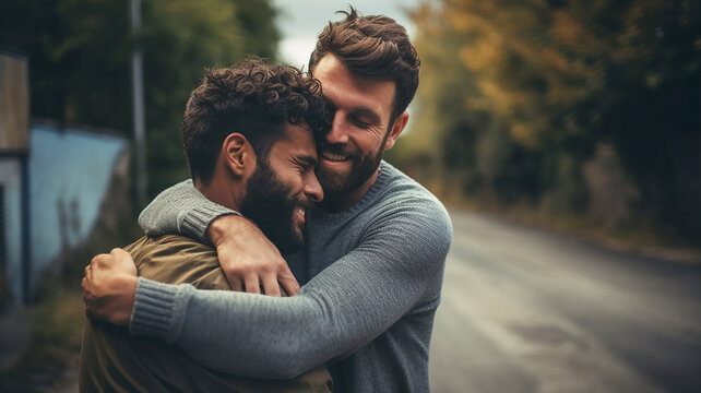 Two young happy handsome men hug each other and smile