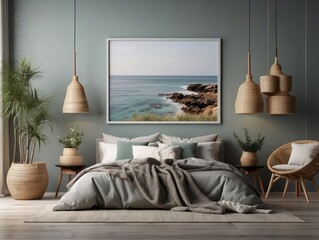 Mockup frame in bedroom interior background, Coastal boho style