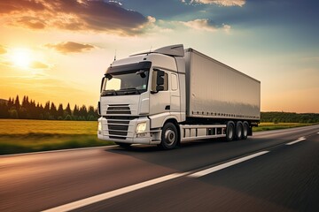 Long-distance heavy truck in motion, at speed on highway on the background of landscape of beautiful, summer nature and nature in the evening on a sunny early evening.