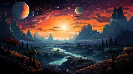 Foto op Canvas Planet Over Nebulae Space Elements This, Background Banner HD, Illustrations , Cartoon style © Alex Cuong