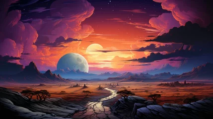 Fototapeten Road Moon Desert, Background Banner HD, Illustrations , Cartoon style © Alex Cuong