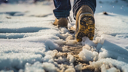 A person is failing with winter conditions, falling on the snow path - obrazy, fototapety, plakaty