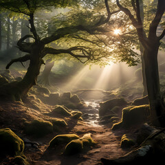 Sunlight filtering through misty branches in an enchanted forest