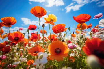 Obraz premium Vibrant field of red poppies under a clear blue sky