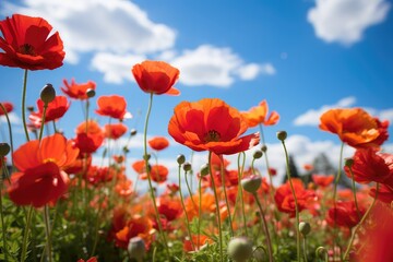 Vibrant field of red poppies under a clear blue sky