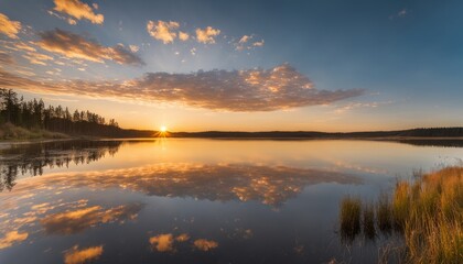 Obraz premium A sunset over a lake with a cloudy sky