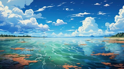 Sea Aerial View Blue Sky Horizon, Background Banner HD, Illustrations , Cartoon style