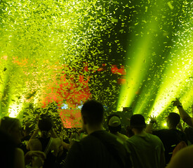 Crowd of people attending a musical performance. Yellow confetti falling down on excited audience