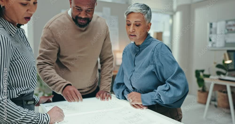 Poster people, manager and architecture teamwork, brainstorming meeting and blueprint feedback or advice in