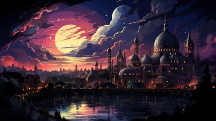 Sky Night Stars Moon Islamic Sunset, Background Banner HD, Illustrations , Cartoon style - obrazy, fototapety, plakaty