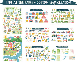 Farm Life Custom Map Creation Set - houses, maps, animals, barns, vehicles, tractors, florals.