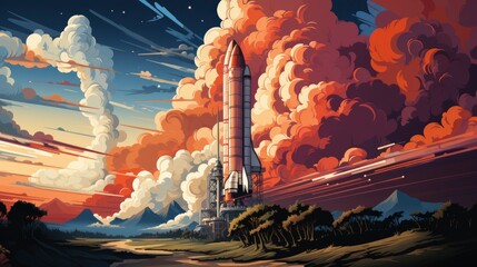 Space Shuttle Near Earth Clouds Sky, Background Banner HD, Illustrations , Cartoon style