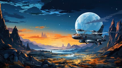 Spaceship Flies Near Amazing Blue Planet, Background Banner HD, Illustrations , Cartoon style