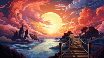 Stairway Heaven Sky Concept Sun Clouds, Background Banner HD, Illustrations , Cartoon style
