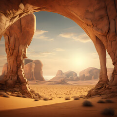 Surreal desert landscape with towering sandstone arches