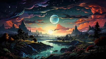 Obraz premium Summer Night Full Stars, Background Banner HD, Illustrations , Cartoon style