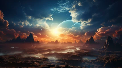 Foto op Canvas Sunbeam Through Haze On Blue Sky, Background Banner HD, Illustrations , Cartoon style © Alex Cuong