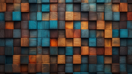 Abstract block stack of aged wood art architecture texture on the wall, creating a colorful and textured backdrop. - obrazy, fototapety, plakaty