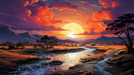 Sunset, Background Banner HD, Illustrations , Cartoon style - obrazy, fototapety, plakaty