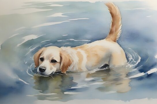 Dog swimming in the water. Watercolor painting. Generative AI