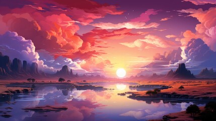 Sunset Sky Panorama Bright Glowing Pink, Background Banner HD, Illustrations , Cartoon style - obrazy, fototapety, plakaty