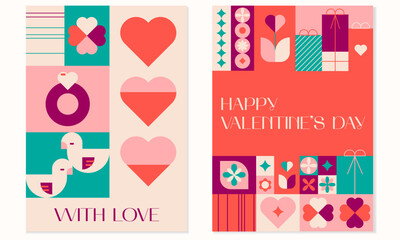 Happy Valentines day geometric abstract greeting card, poster set and social media. Mosaic background with hearts, birds, plants and simple forms in a trendy style