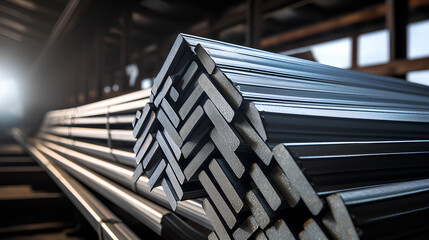 Obraz premium Galvanized steel angle bundle in industrial stockyard. Angle iron cross section in stockyard.