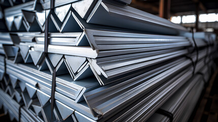 Galvanized steel angle bundle in industrial stockyard. Angle iron cross section in stockyard. - obrazy, fototapety, plakaty