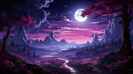 Obraz na płótnie Canvas Super Blue Moon Full Bright Night, Background Banner HD, Illustrations , Cartoon style