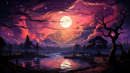 Obraz premium Super Blue Moon Full Bright Night, Background Banner HD, Illustrations , Cartoon style