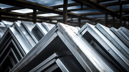 Galvanized steel angle bundle in industrial stockyard. Angle iron cross section in stockyard. - obrazy, fototapety, plakaty