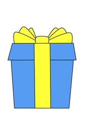 Gift box. A bright drawn gift box in blue and yellow colors on a white background