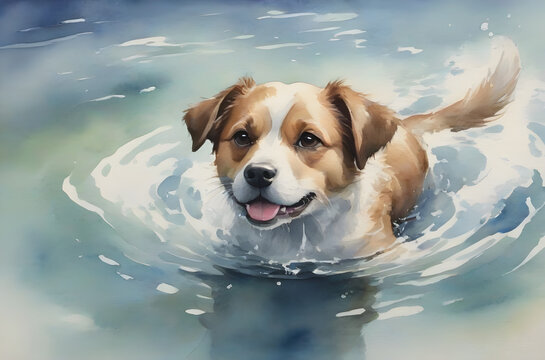 Dog swimming in the water. Watercolor painting. Generative AI