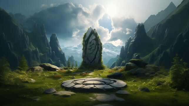 Big Stone Monolith On A Hill Among The Mountains. Rune Magic Ritual Stone In The Mountains. Fabulous Landscape Of Mountains