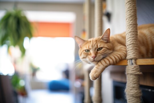 cat lounging on cat tree with paw dangling over edge