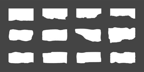 Set of torn paper pieces. Rectangle frames with jagged edges. Collage shapes of ripped papers silhouettes. Scraps of torn paper. Abstract overlay scratched design. Vector background design elements
