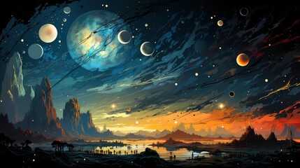 Fototapeta na wymiar View Earth Moon Elements This Image, Background Banner HD, Illustrations , Cartoon style