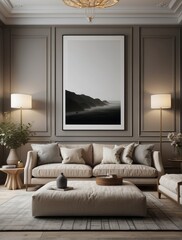 Mock up poster in modern home interior with fireplace, Scandinavian style