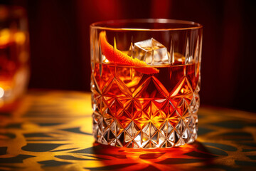 Old Fashioned elegance, close-up of a crystal tumbler filled with a meticulously crafted Old Fashioned cocktail, capturing the rich colors and textures of bourbon, sugar, and bitters.