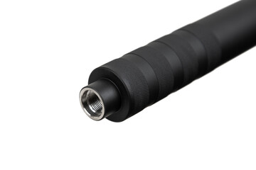 Black silencer for weapons. Suppressor that is at the end of an assault rifle. Isolate on a white back.