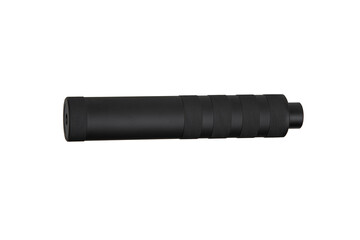 Black silencer for weapons. Suppressor that is at the end of an assault rifle. Isolate on a white back.