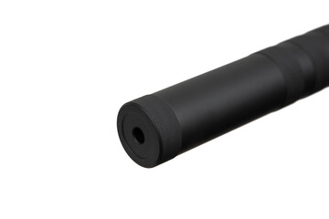 Black silencer for weapons. Suppressor that is at the end of an assault rifle. Isolate on a white back.