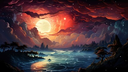 Waves Breaking Stellar Lagoon Nebula Emission, Background Banner HD, Illustrations , Cartoon style